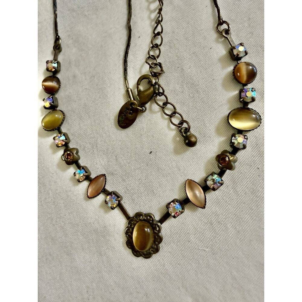 Lia Sophia Savannah Delicate Necklace Brown Faux Cat Eye Crystals Bronze Tone - Picture 4 of 4